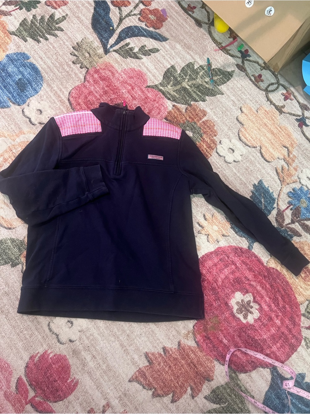 Vineyard Vines Navy Pullover with Pink Logo Patch